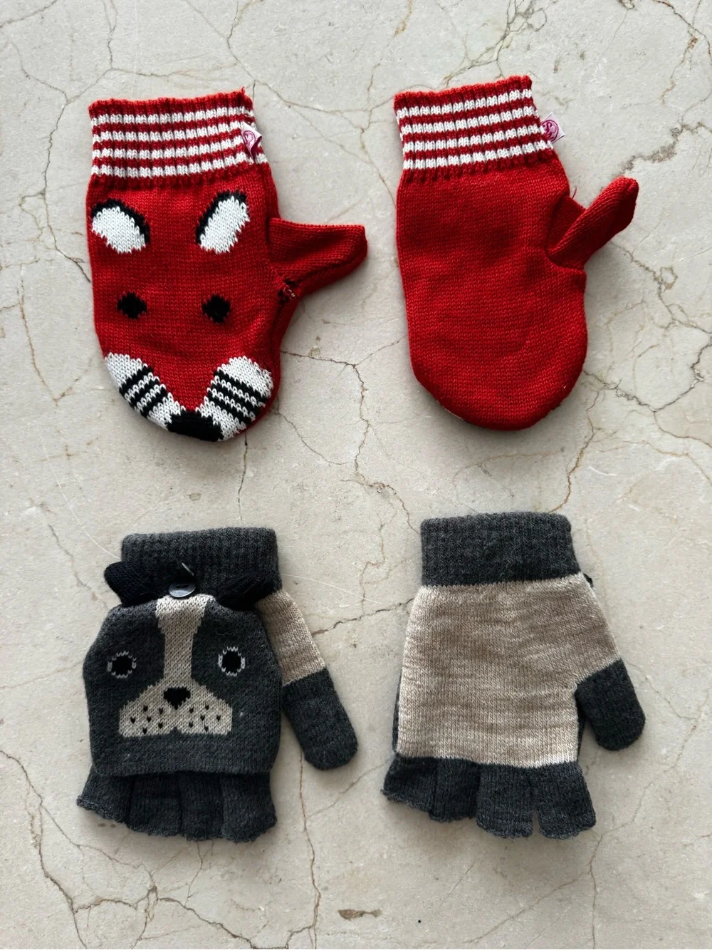 NWOT Kids Red Fox Knit Mittens and Gray Puppy Convertible Gloves Set 4 - 6 years